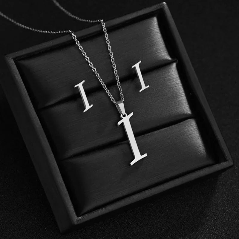 Fashion Stainless Steel A-Z Alphabet Initial Necklace 26 English Letter Earrings Necklace For Women Set Personalize Jewelry Gift-4