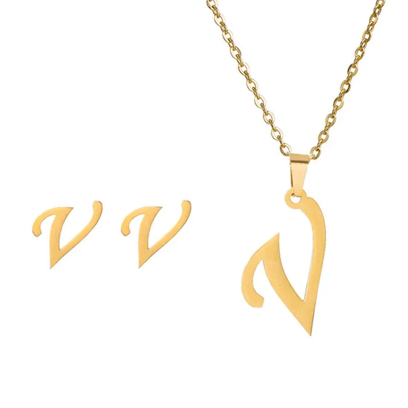 Fashion Stainless Steel A-Z Alphabet Initial Necklace 26 English Letter Earrings Necklace For Women Set Personalize Jewelry Gift-11