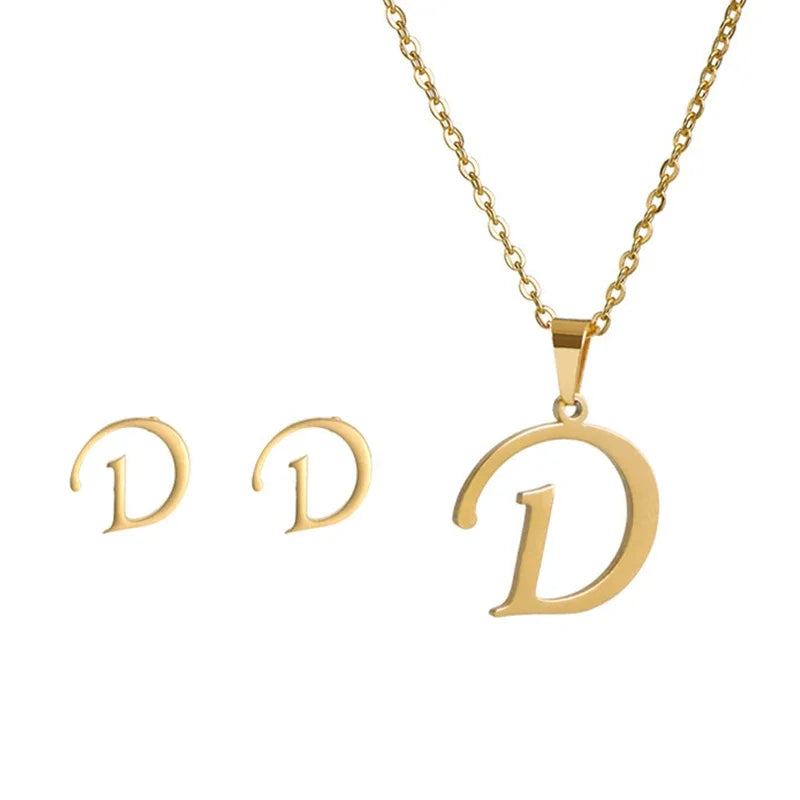 Fashion Stainless Steel A-Z Alphabet Initial Necklace 26 English Letter Earrings Necklace For Women Set Personalize Jewelry Gift-26