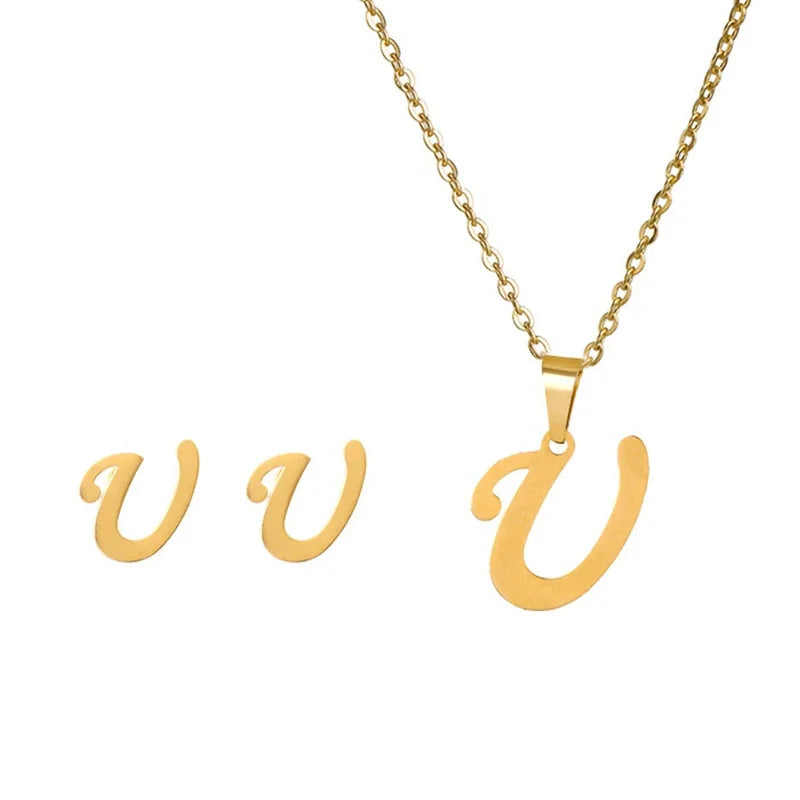 Fashion Stainless Steel A-Z Alphabet Initial Necklace 26 English Letter Earrings Necklace For Women Set Personalize Jewelry Gift-12