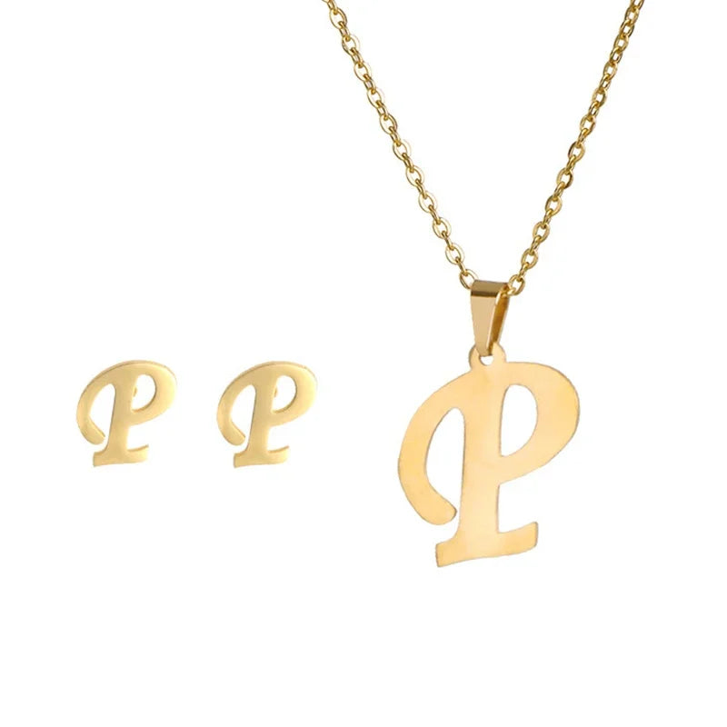 Fashion Stainless Steel A-Z Alphabet Initial Necklace 26 English Letter Earrings Necklace For Women Set Personalize Jewelry Gift-13