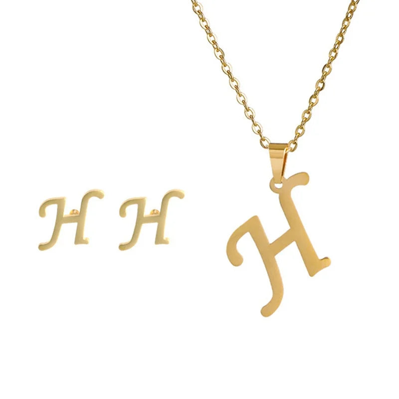 Fashion Stainless Steel A-Z Alphabet Initial Necklace 26 English Letter Earrings Necklace For Women Set Personalize Jewelry Gift-25