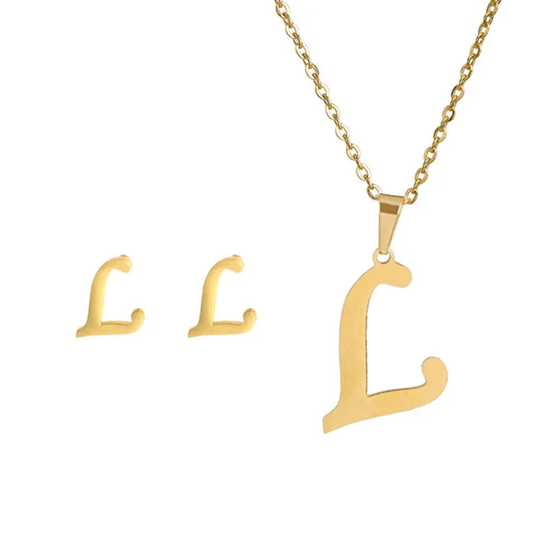 Fashion Stainless Steel A-Z Alphabet Initial Necklace 26 English Letter Earrings Necklace For Women Set Personalize Jewelry Gift-17