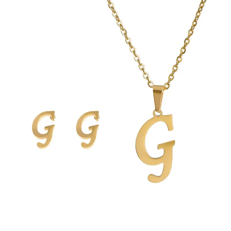Fashion Stainless Steel A-Z Alphabet Initial Necklace 26 English Letter Earrings Necklace For Women Set Personalize Jewelry Gift-23