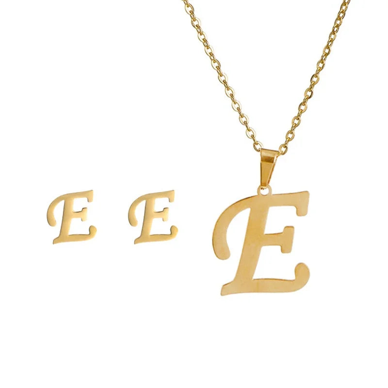 Fashion Stainless Steel A-Z Alphabet Initial Necklace 26 English Letter Earrings Necklace For Women Set Personalize Jewelry Gift-29