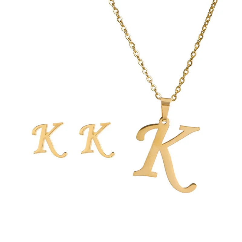 Fashion Stainless Steel A-Z Alphabet Initial Necklace 26 English Letter Earrings Necklace For Women Set Personalize Jewelry Gift-18
