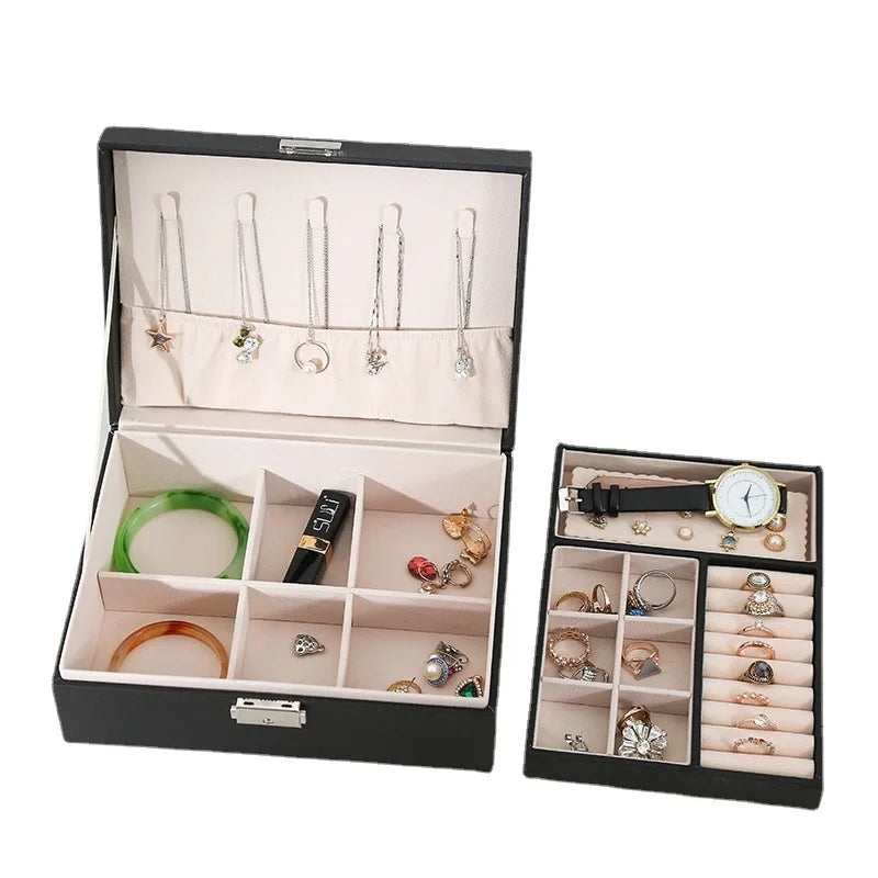 Double-layer Wooden Jewlery Box Ring Box Jewelry Boxes and Packaging with PU Leather Jewelry Storage Organizer and Makeup Case-3