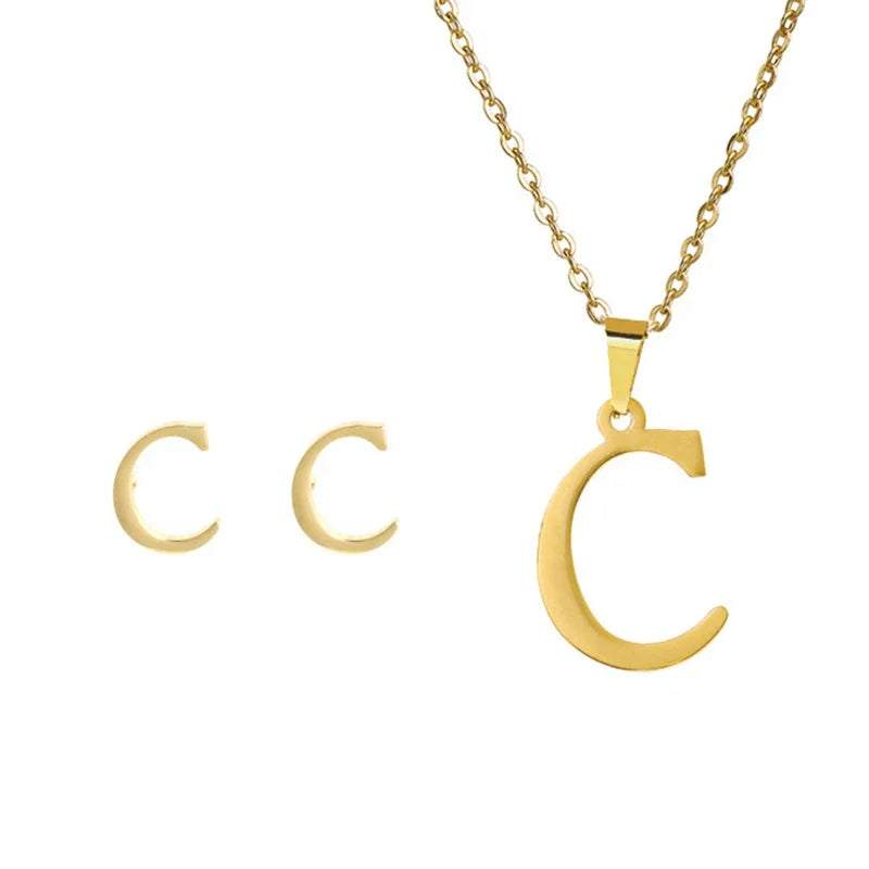 Fashion Stainless Steel A-Z Alphabet Initial Necklace 26 English Letter Earrings Necklace For Women Set Personalize Jewelry Gift-27