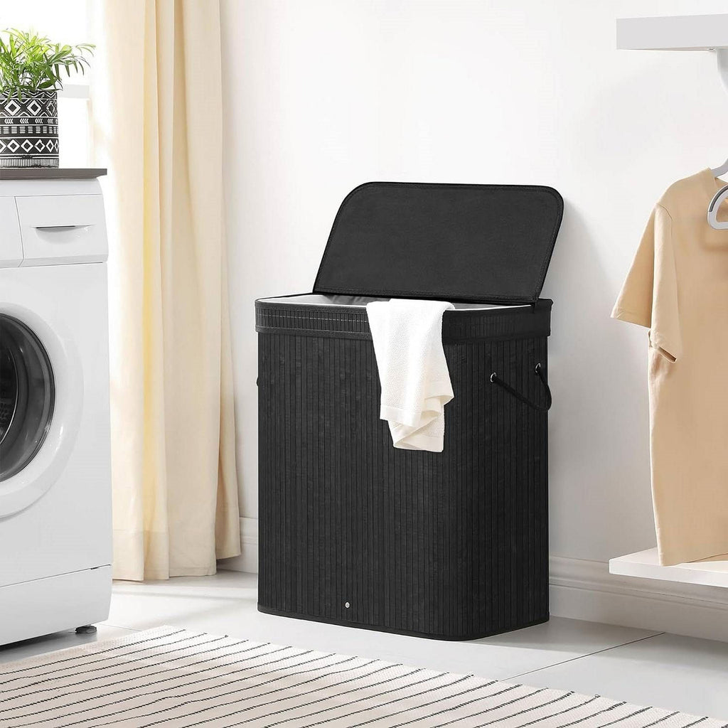 Black Bamboo Wood 26-Gal Laundry Hamper Basket w/ Removable Washable Cotton Bag-2