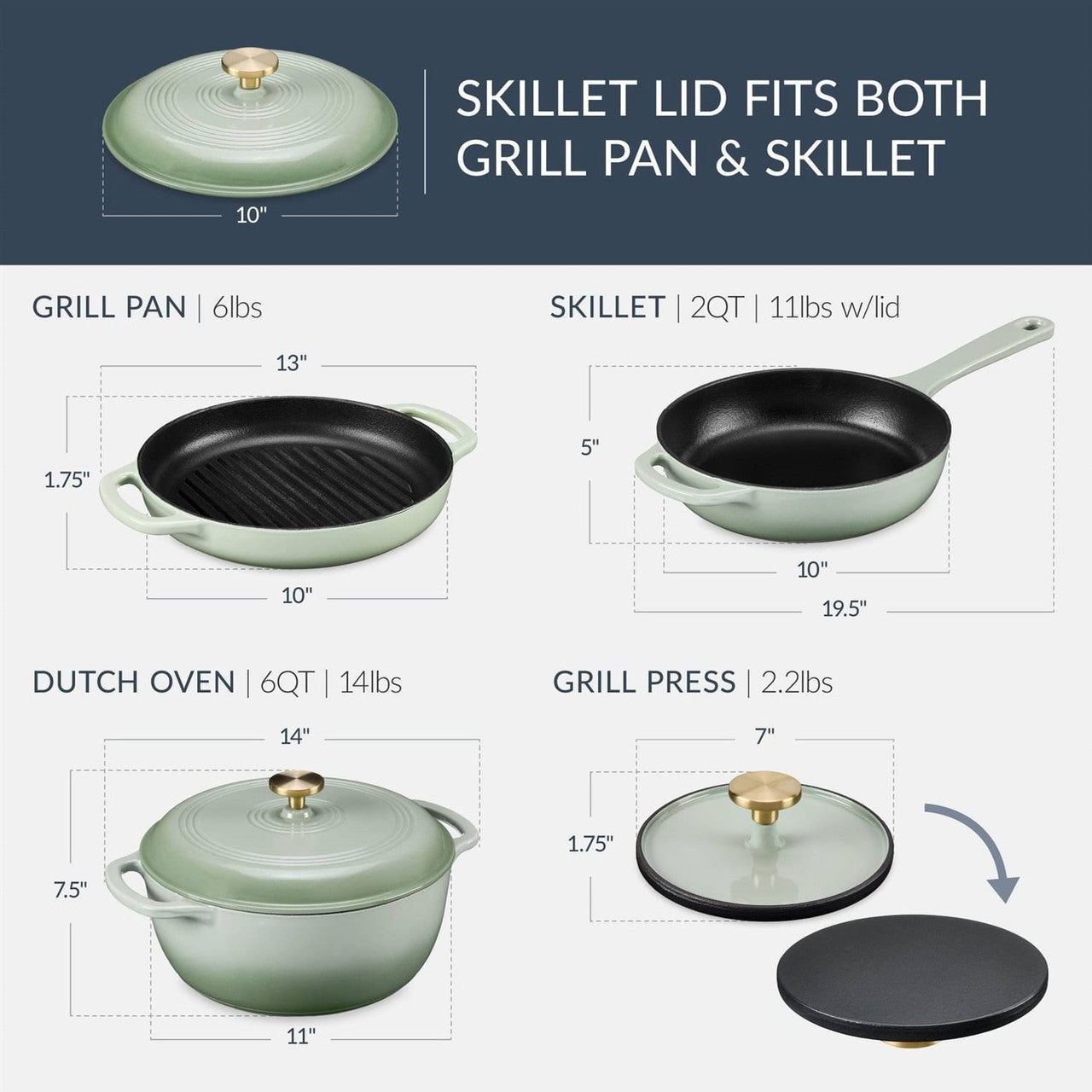 Sage 6-Piece Non-Stick Cast Iron Cookware Set - Skillet Grill Pan Dutch Oven-0