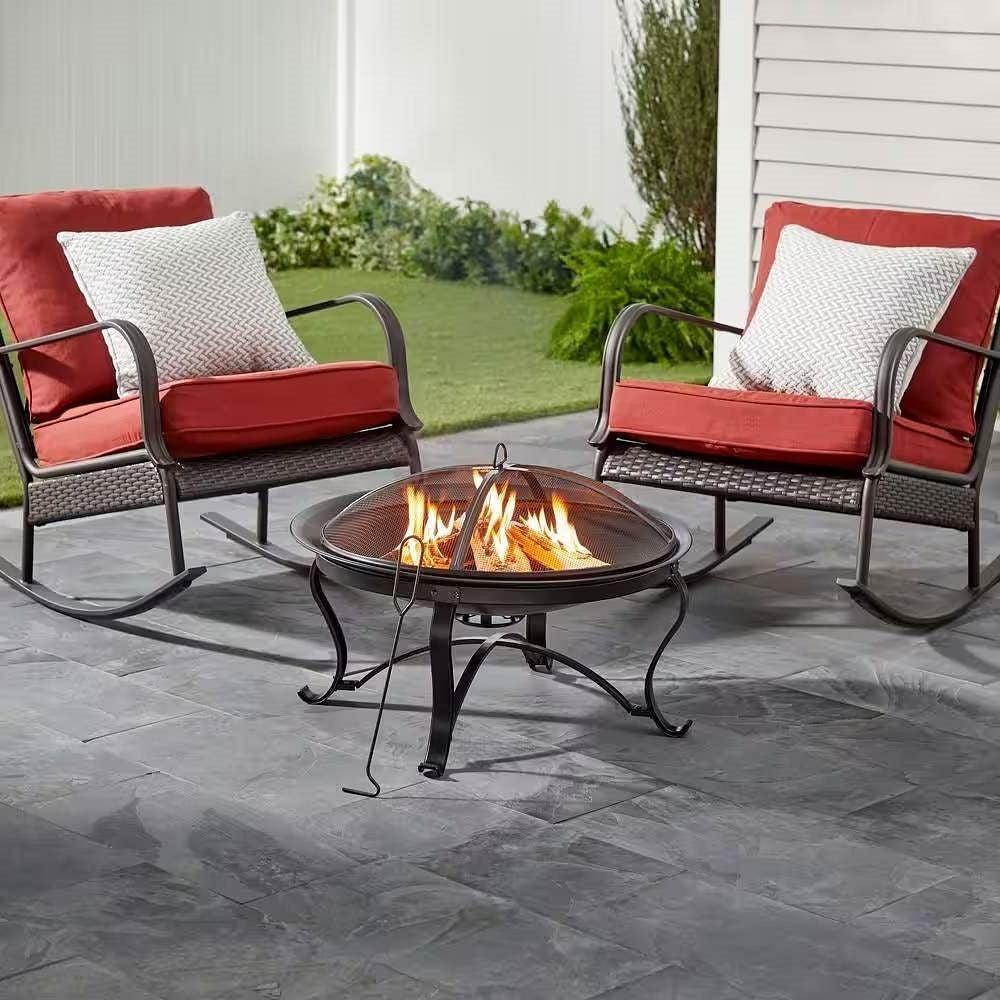 30-inch Round Steel Outdoor Fire Pit with Mesh Cover and Poker in Bronze-0