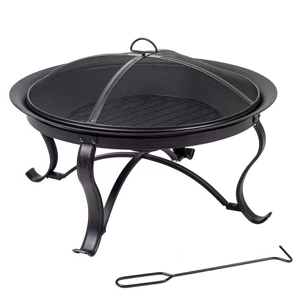 30-inch Round Steel Outdoor Fire Pit with Mesh Cover and Poker in Bronze-2