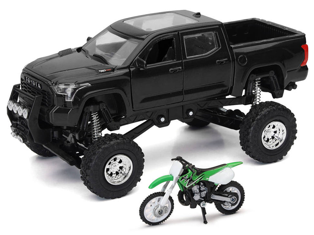 Toyota Tundra Pro Pickup Truck Black and Kawasaki KX 250 Motorcycle Green and White "Xtreme Off-Road" Series 1/32 Diecast Models by New Ray-1