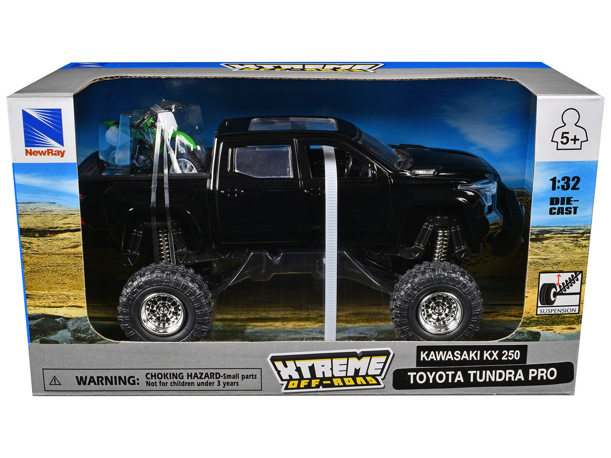 Toyota Tundra Pro Pickup Truck Black and Kawasaki KX 250 Motorcycle Green and White "Xtreme Off-Road" Series 1/32 Diecast Models by New Ray-2