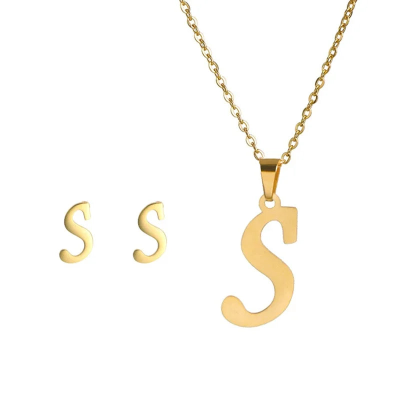 Fashion Stainless Steel A-Z Alphabet Initial Necklace 26 English Letter Earrings Necklace For Women Set Personalize Jewelry Gift-10