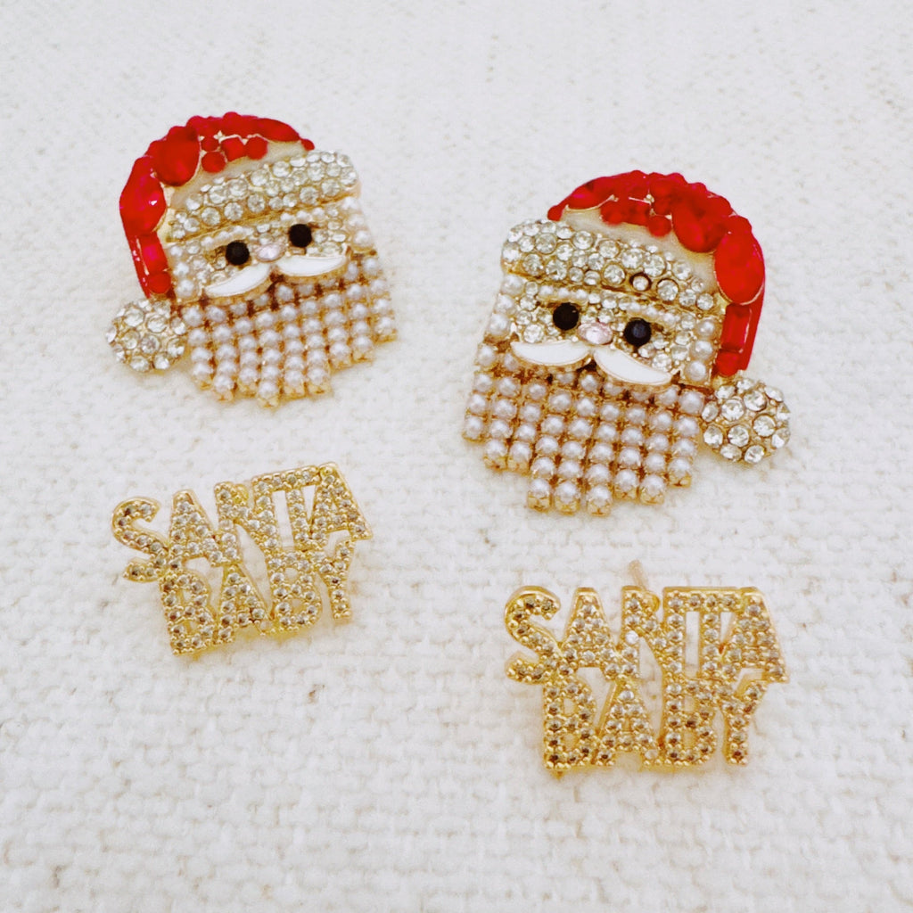 Santa Earrings with Pearl Drape Beard – Holiday Jewelry-3