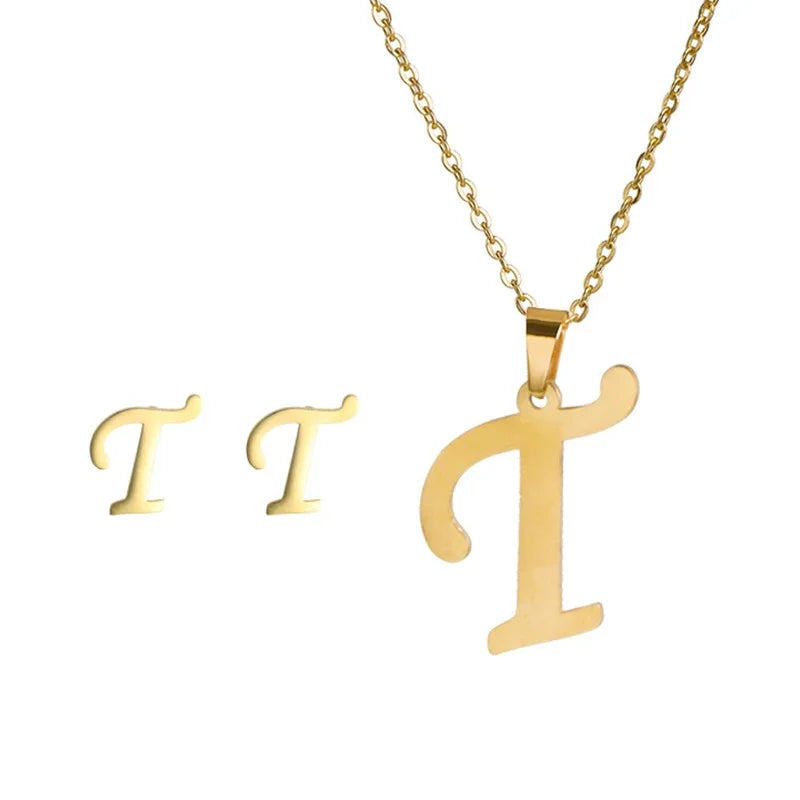 Fashion Stainless Steel A-Z Alphabet Initial Necklace 26 English Letter Earrings Necklace For Women Set Personalize Jewelry Gift-9