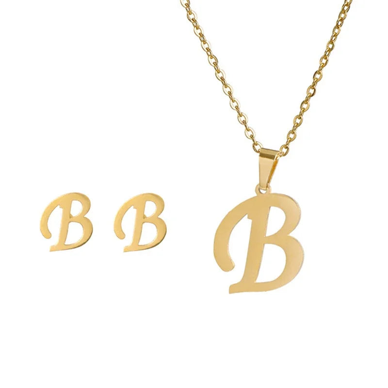 Fashion Stainless Steel A-Z Alphabet Initial Necklace 26 English Letter Earrings Necklace For Women Set Personalize Jewelry Gift-30
