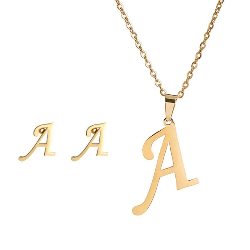 Fashion Stainless Steel A-Z Alphabet Initial Necklace 26 English Letter Earrings Necklace For Women Set Personalize Jewelry Gift-31