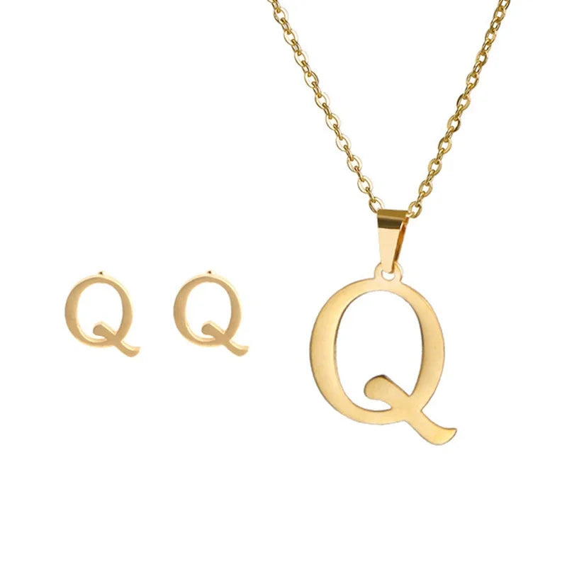 Fashion Stainless Steel A-Z Alphabet Initial Necklace 26 English Letter Earrings Necklace For Women Set Personalize Jewelry Gift-16