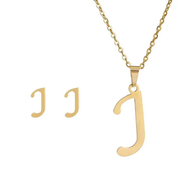 Fashion Stainless Steel A-Z Alphabet Initial Necklace 26 English Letter Earrings Necklace For Women Set Personalize Jewelry Gift-24