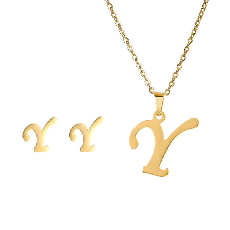 Fashion Stainless Steel A-Z Alphabet Initial Necklace 26 English Letter Earrings Necklace For Women Set Personalize Jewelry Gift-8