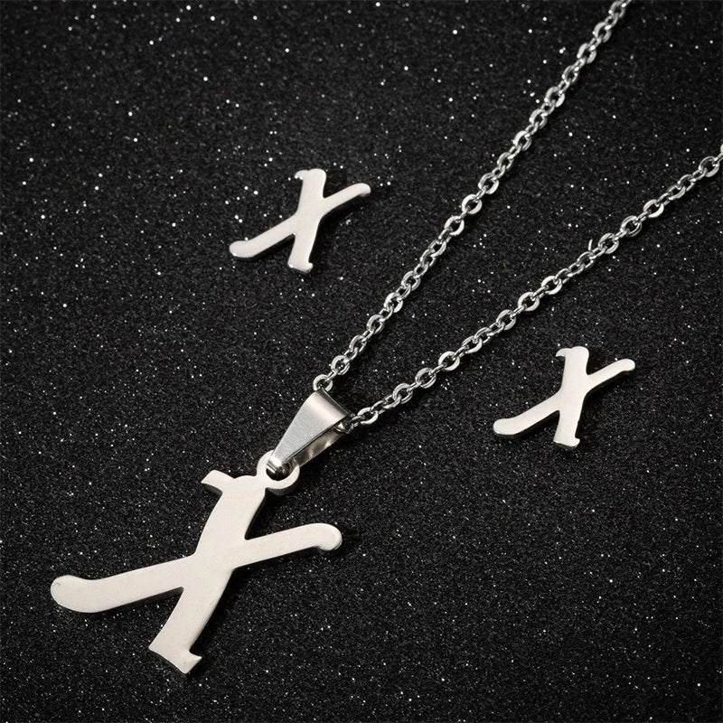 Fashion Stainless Steel A-Z Alphabet Initial Necklace 26 English Letter Earrings Necklace For Women Set Personalize Jewelry Gift-3