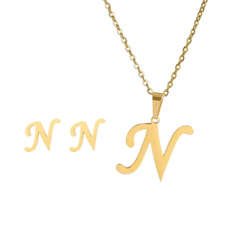 Fashion Stainless Steel A-Z Alphabet Initial Necklace 26 English Letter Earrings Necklace For Women Set Personalize Jewelry Gift-19