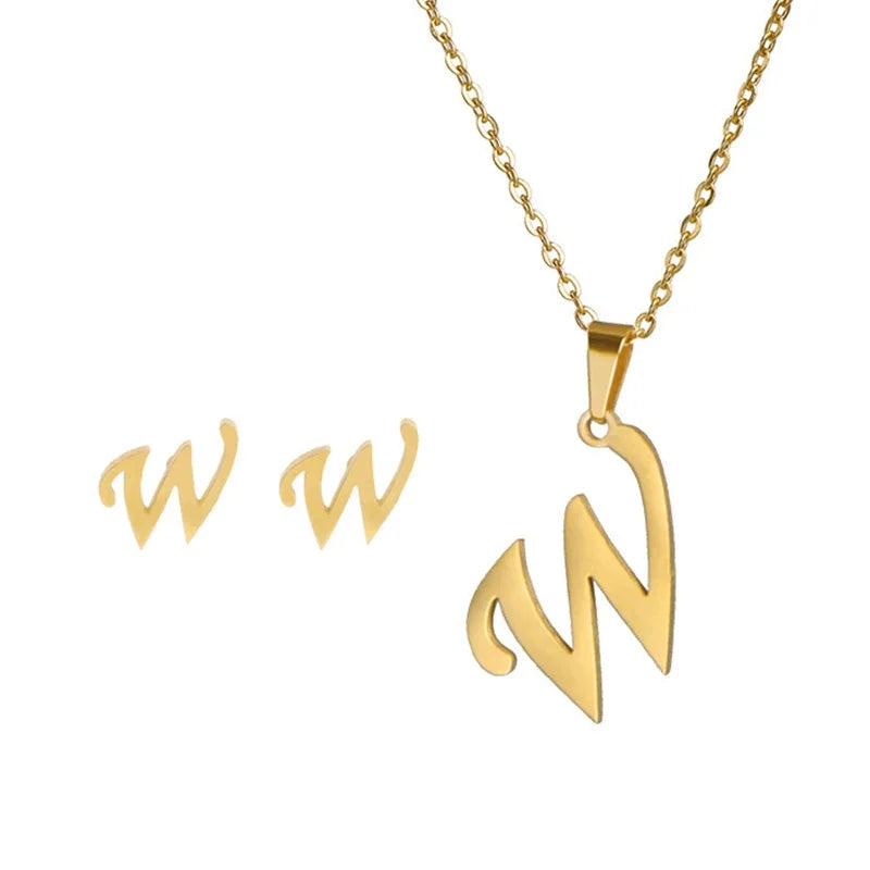 Fashion Stainless Steel A-Z Alphabet Initial Necklace 26 English Letter Earrings Necklace For Women Set Personalize Jewelry Gift-6