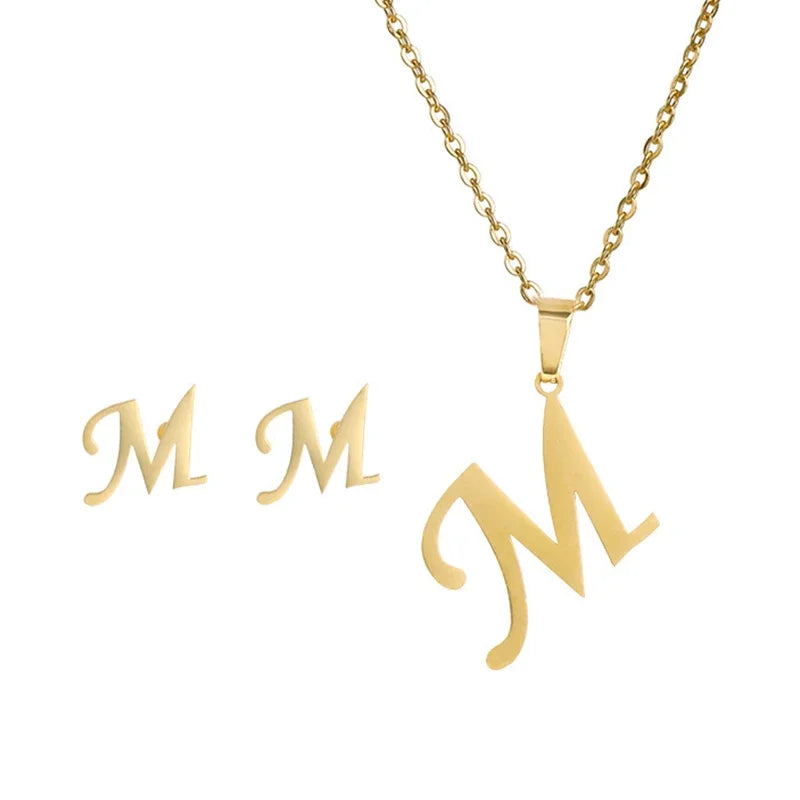 Fashion Stainless Steel A-Z Alphabet Initial Necklace 26 English Letter Earrings Necklace For Women Set Personalize Jewelry Gift-20