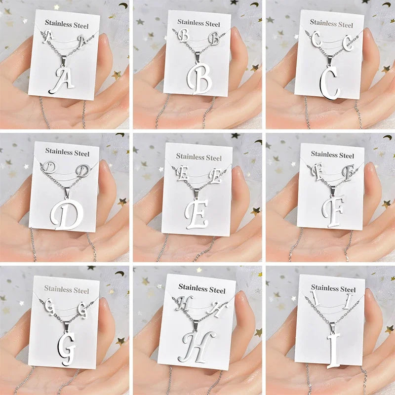 Fashion Stainless Steel A-Z Alphabet Initial Necklace 26 English Letter Earrings Necklace For Women Set Personalize Jewelry Gift-2