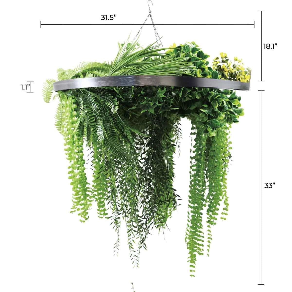 Artificial Hanging Plant Chandelier – Draping Fern Circular Ring (33in long) Silver Frame – UV Resistant-1