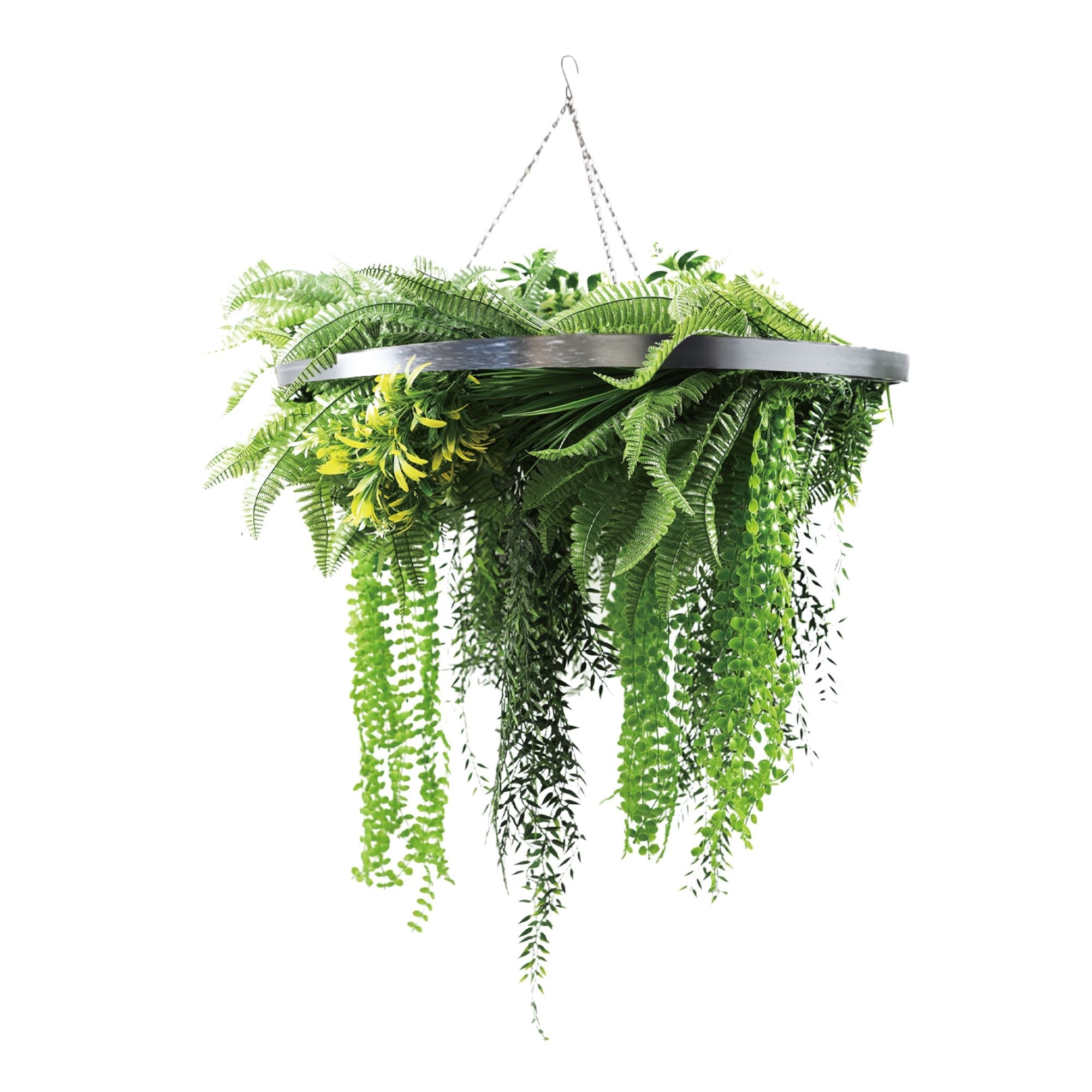 Artificial Hanging Plant Chandelier – Draping Fern Circular Ring (33in long) Silver Frame – UV Resistant-2