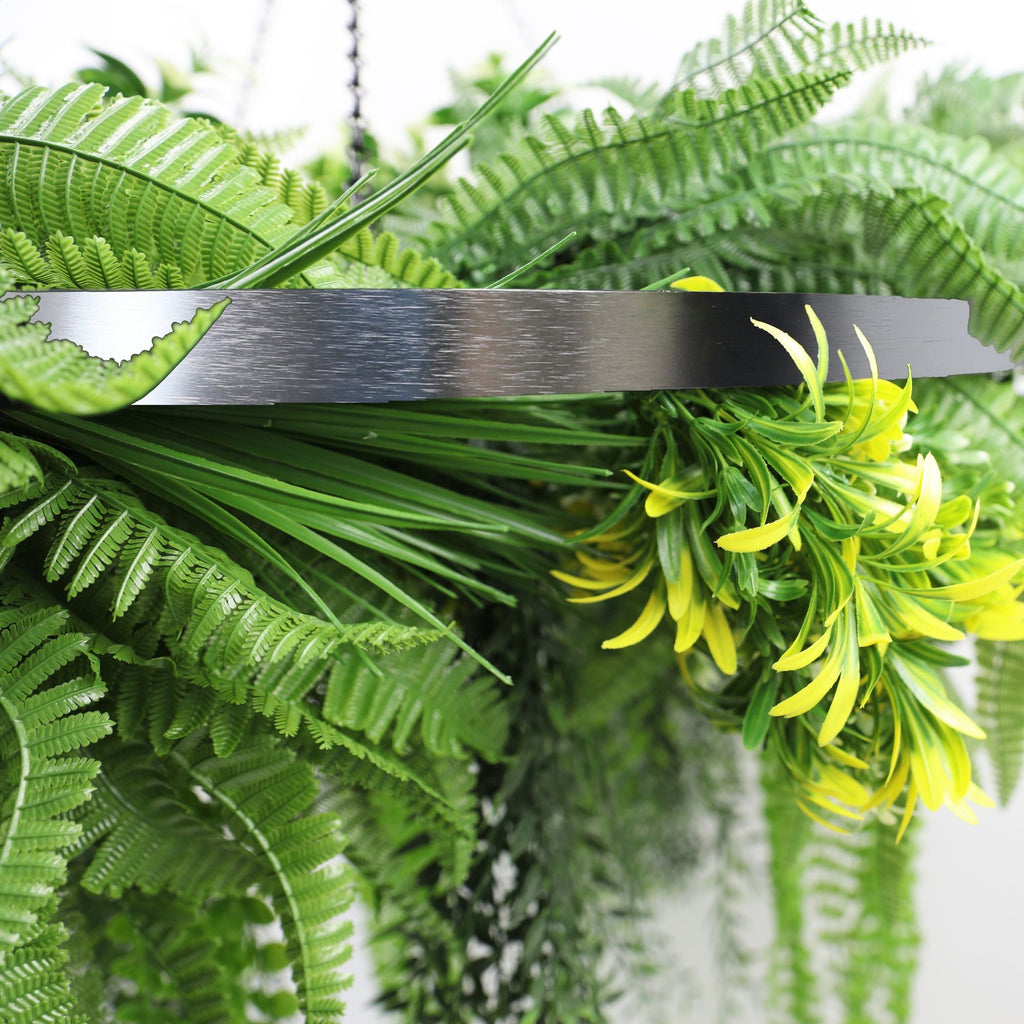 Artificial Hanging Plant Chandelier – Draping Fern Circular Ring (33in long) Silver Frame – UV Resistant-3