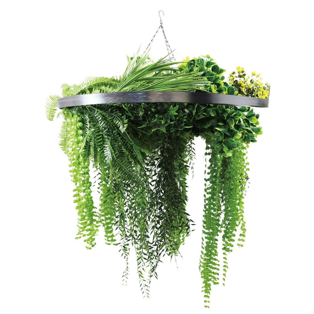Artificial Hanging Plant Chandelier – Draping Fern Circular Ring (33in long) Silver Frame – UV Resistant-0