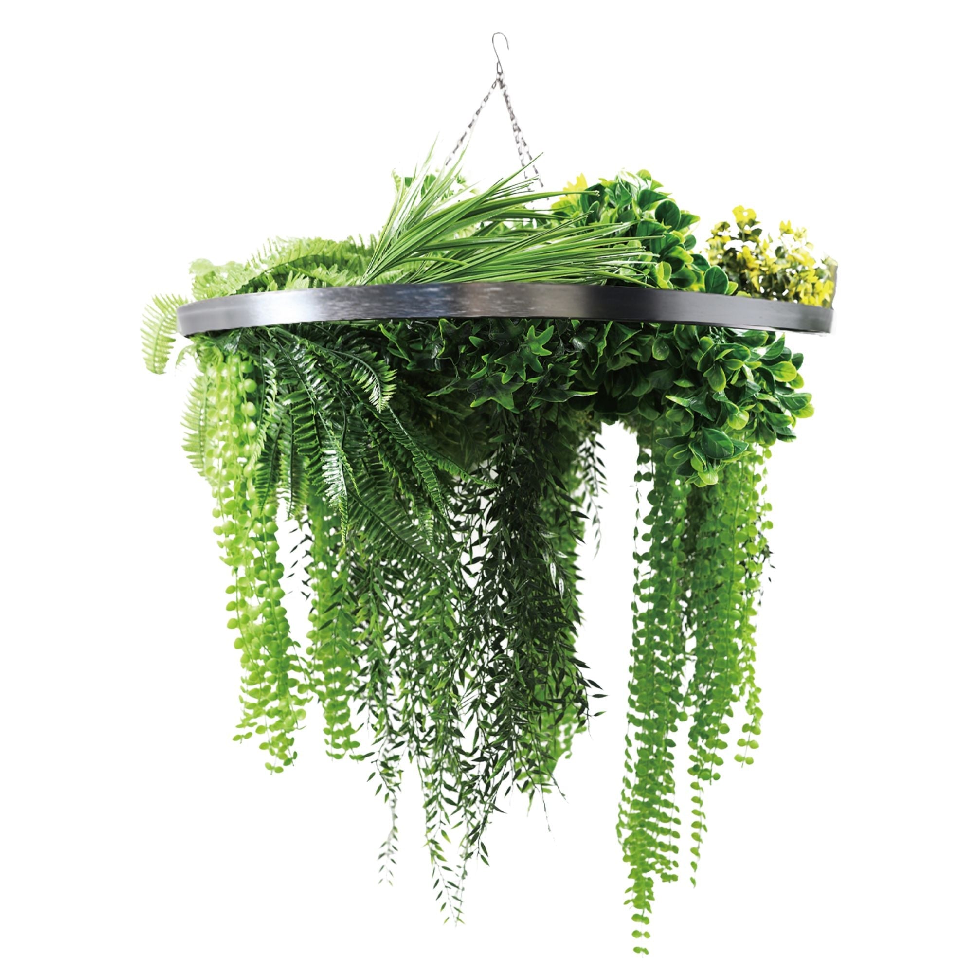 Artificial Hanging Plant Chandelier – Draping Fern Circular Ring (33in long) Silver Frame – UV Resistant-0