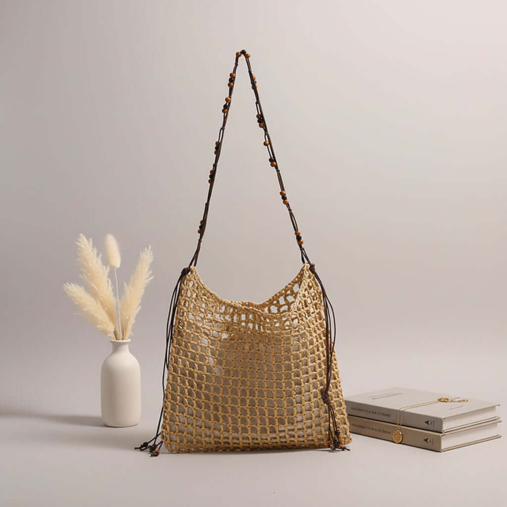 Straw beach bag for women woven bag with lace up pattern-1