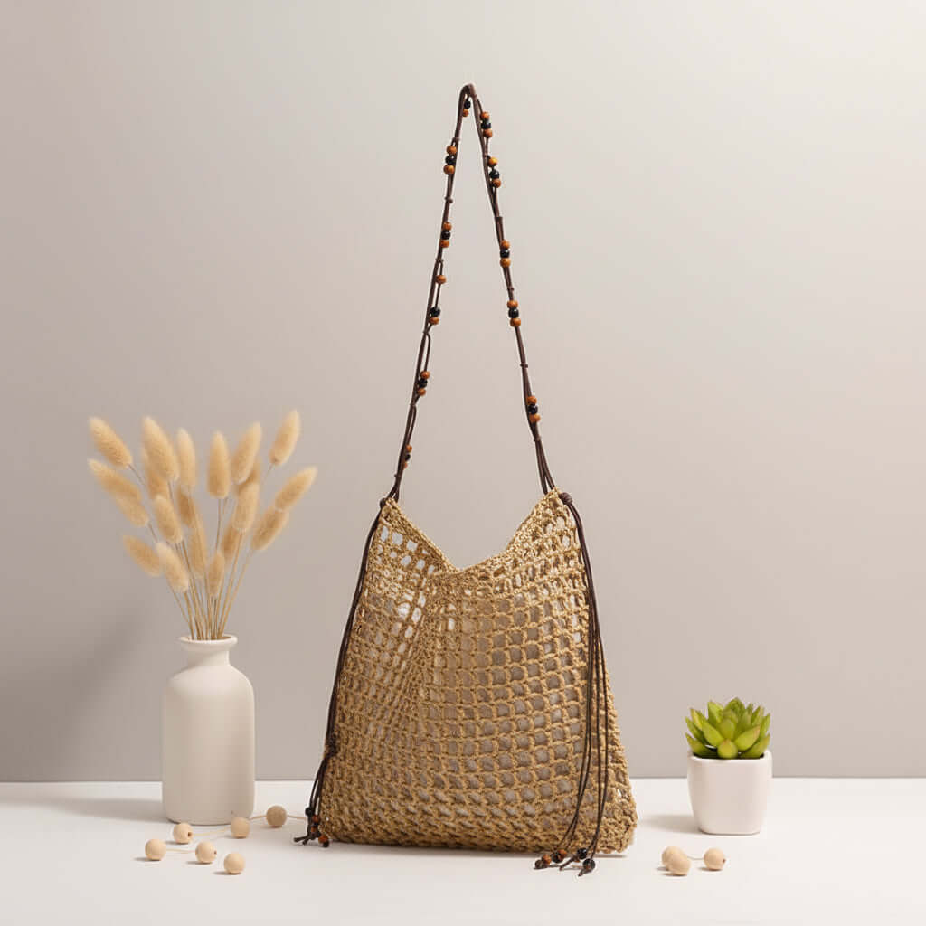 Straw beach bag for women woven bag with lace up pattern-2
