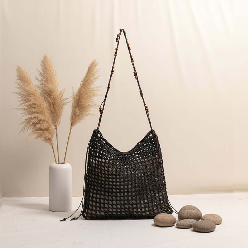 Straw beach bag for women woven bag with lace up pattern-6
