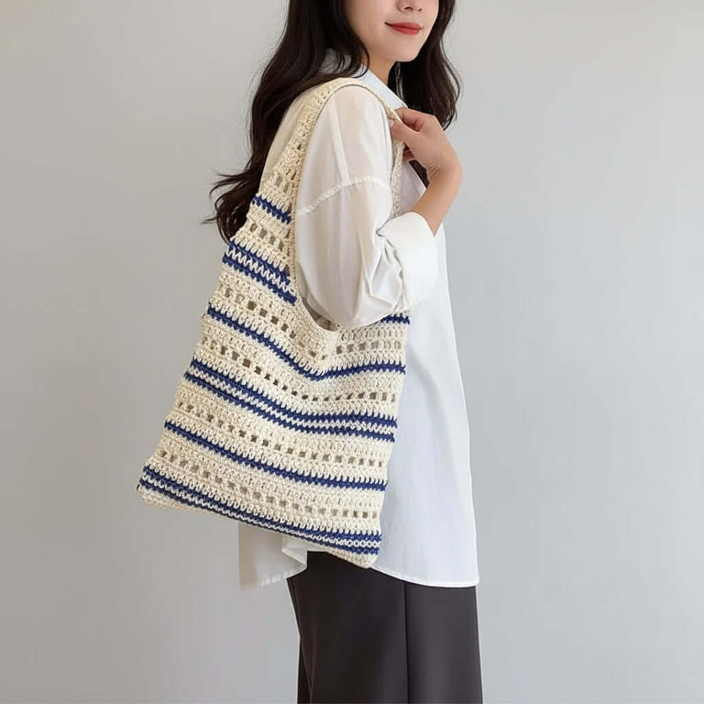 Striped Woven Beach Bag Large Capacity-0