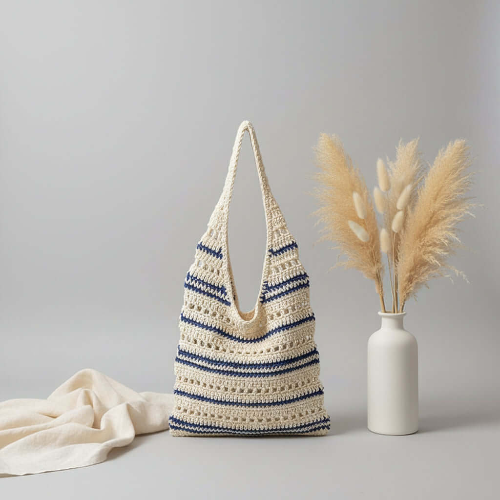 Striped Woven Beach Bag Large Capacity-3