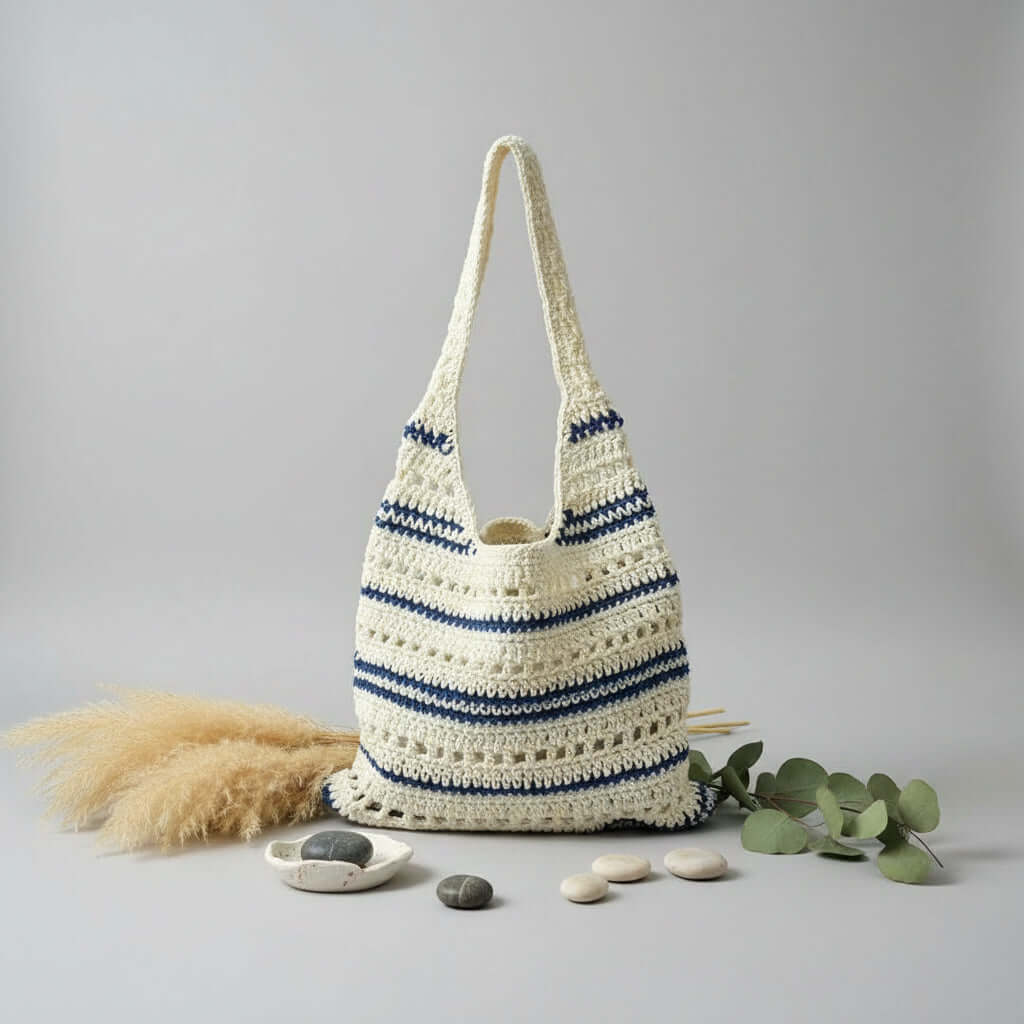 Striped Woven Beach Bag Large Capacity-4