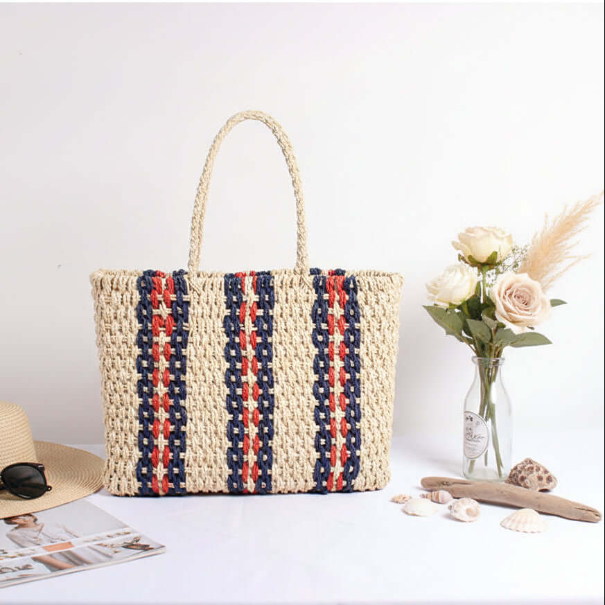 Striped woven beach bag Travel Vacation Women Striped One Shoulder bag-0