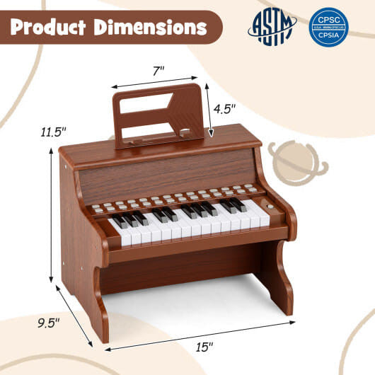 25 Keys Kids Piano Keyboard with Adjustable Speed and Teaching Mode-Brown-2