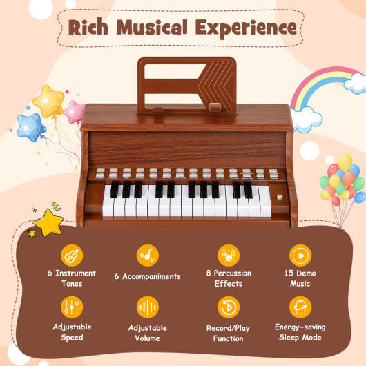 25 Keys Kids Piano Keyboard with Adjustable Speed and Teaching Mode-Brown-3