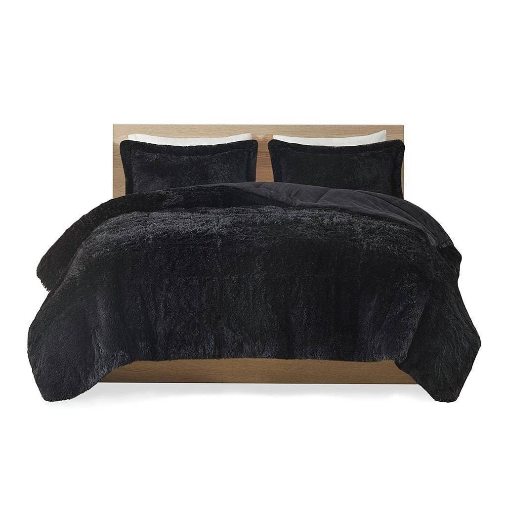 Twin/Twin XL Black Soft Sherpa Faux Fur 2-Piece Comforter Set with Shams-2