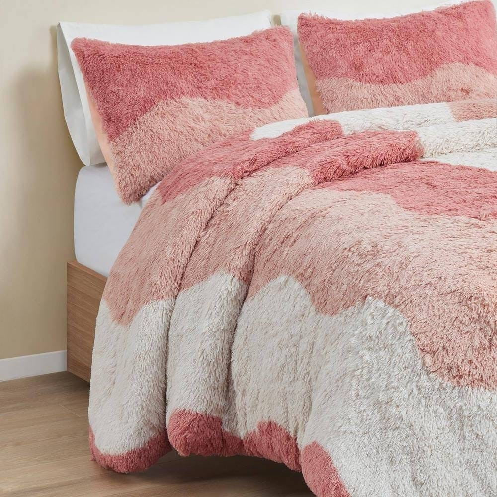 Twin/Twin XL Pink Blush White Reversible Soft Sherpa Faux Fur 2-PC Comforter Set-0
