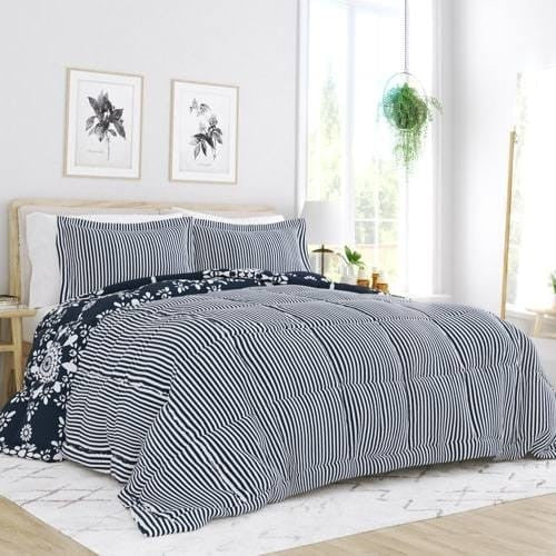 Twin size 3-Piece Navy Blue White Reversible Floral Striped Comforter Set-0