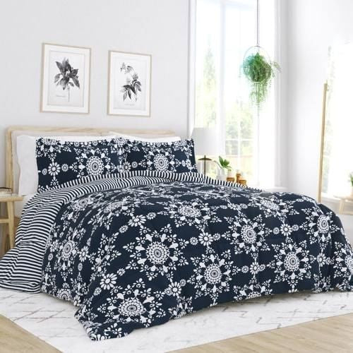 Twin size 3-Piece Navy Blue White Reversible Floral Striped Comforter Set-2