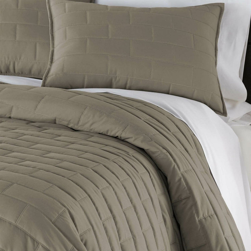 Twin/Twin XL Modern Brick Stitch Microfiber Reversible 2 Piece Comforter Set in Taupe-0